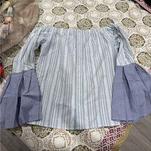 Blue Striped Off-Shoulder Button Down Shirt